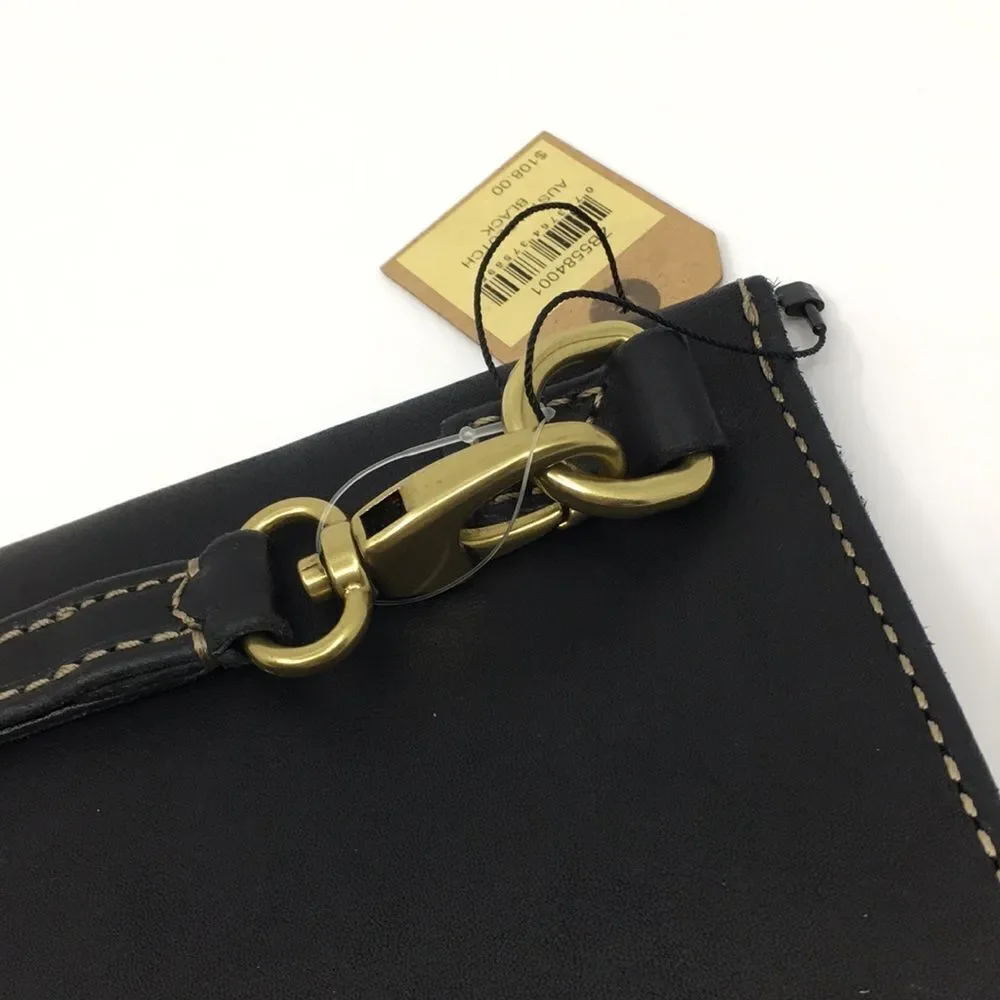 NWT Fossil Austin Clutch Black Leather Brass Hardware Removeavke Wristlet Strap